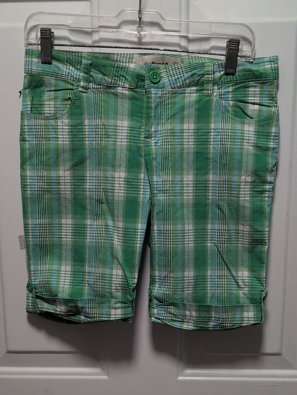 Women’s Green Plaid Cotton Bermuda Shorts